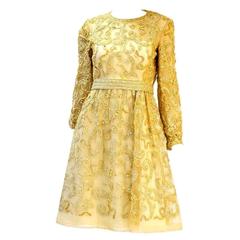 Vintage 1966 Malcolm Star Embroidered Gold Coctail Dress