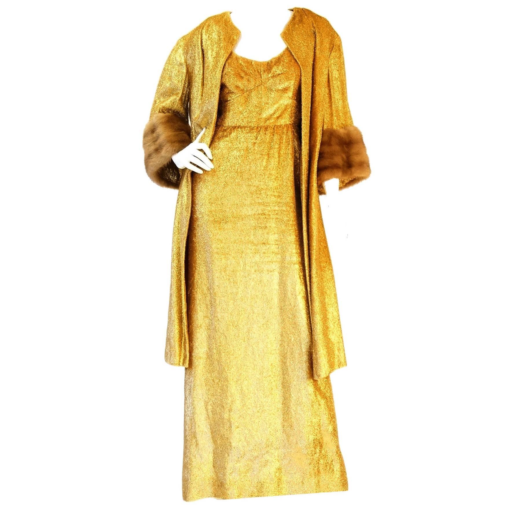 Rare 1960s Norman Hartnell Gold Lame and Mink Dress and Coat For Sale