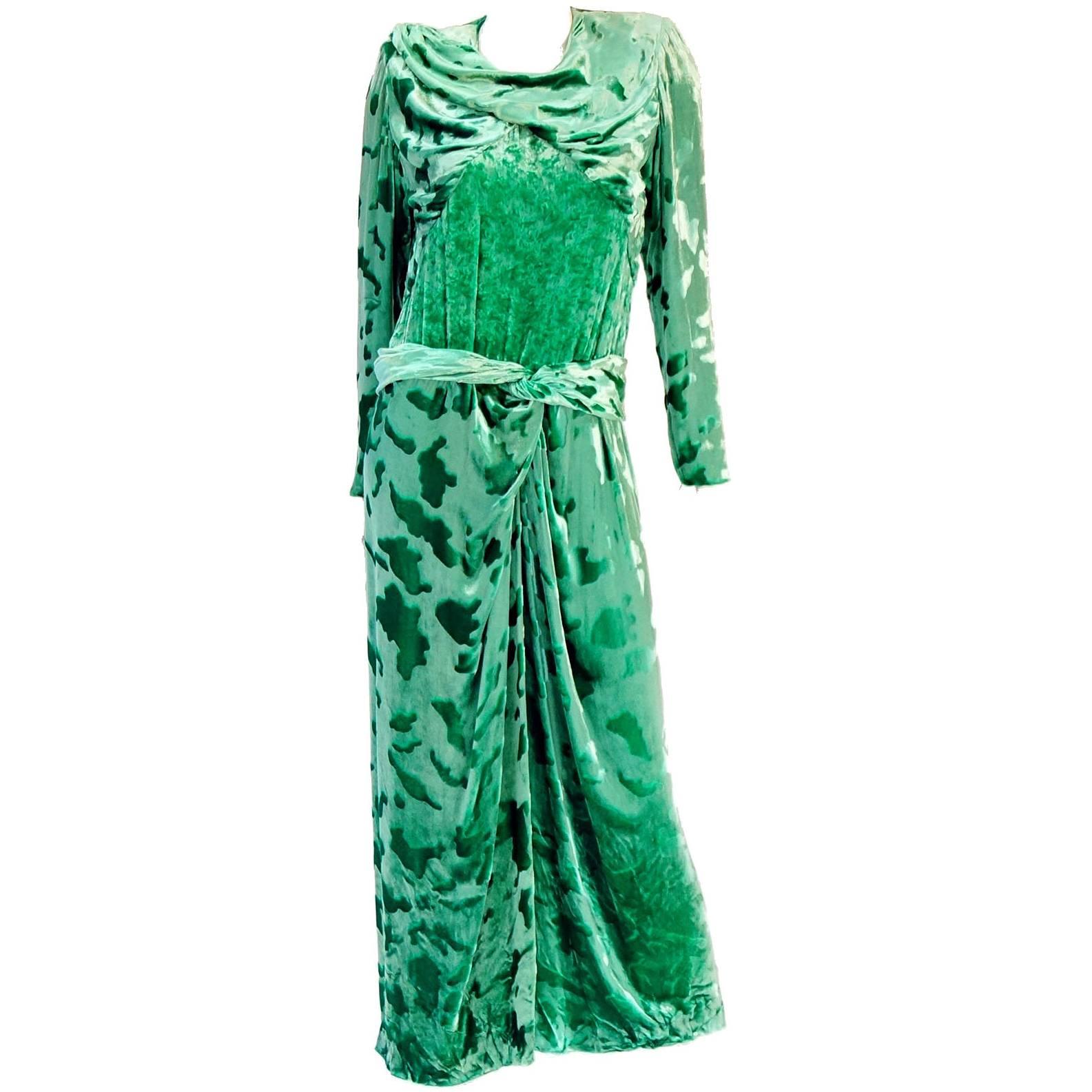 Vintage Galanos Green Crushed Velvet Evening Dress For Sale