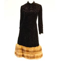 Vintage 1970s Bill Blass Black Velvet and Mink-Trimmed Cocktail Dress