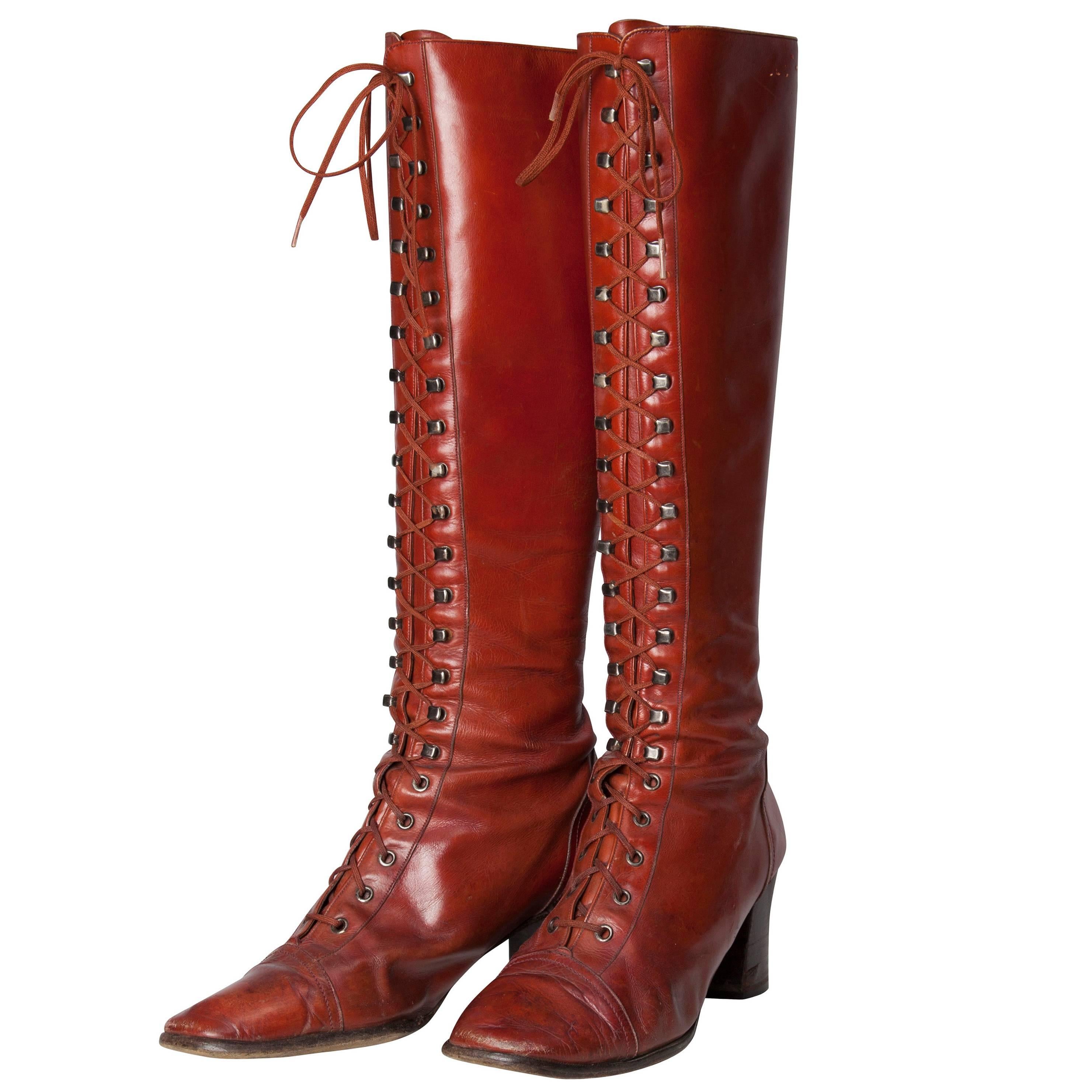 1970s Yves Saint Laurent Couture Brick Red Leather Heeled Lace-Up Tall Boots For Sale