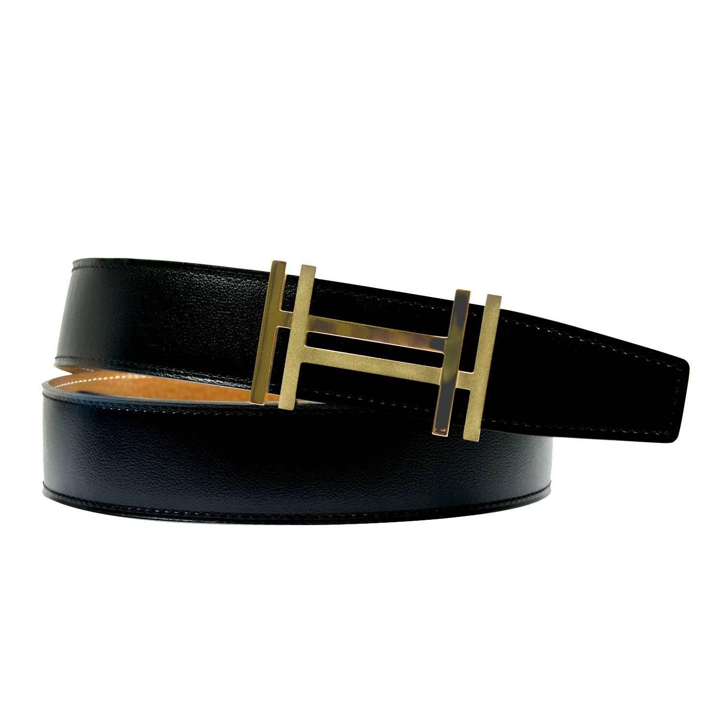 Hermes Belt Reversible 32mm/95cm Togo Leather Noir/Gold Color Double H Permabras