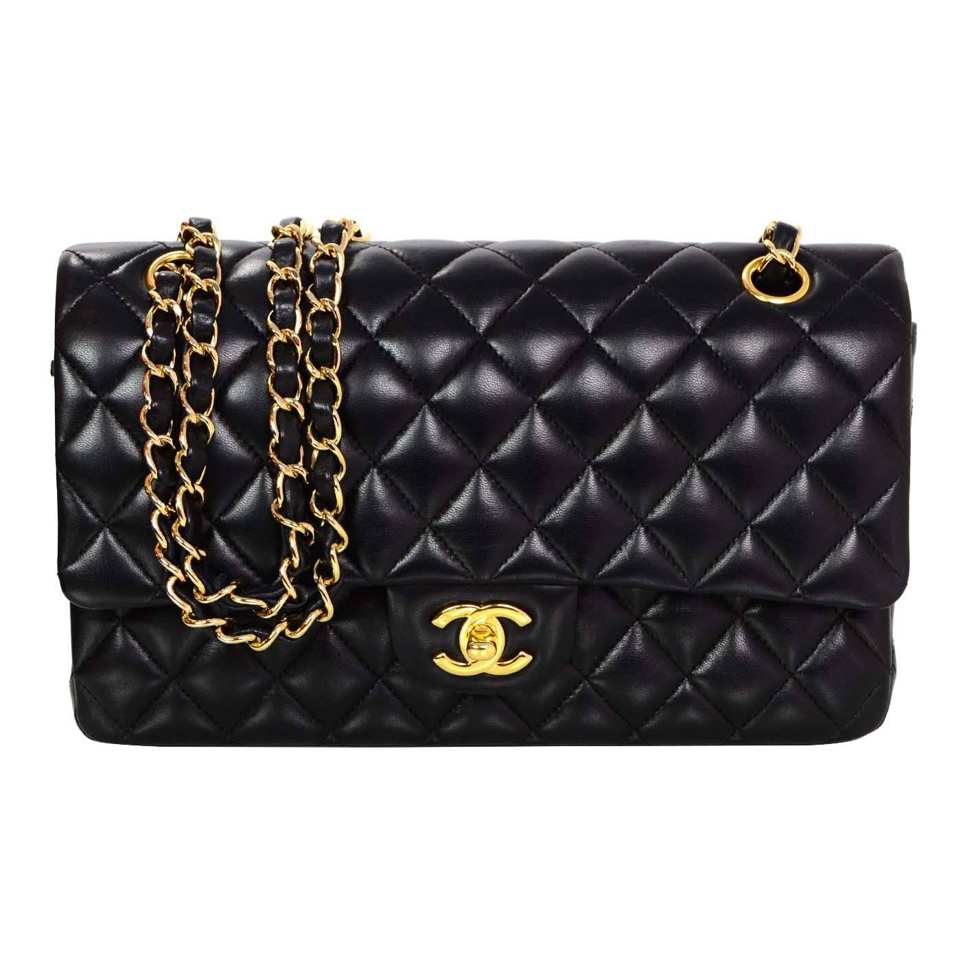 Chanel Black Quilted Lambskin Leather Double Flap Medium Classic Bag