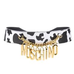 Moschino NEW Black White Cow Print Leather Gold Charm 'MOSCHINO' Waist Belt