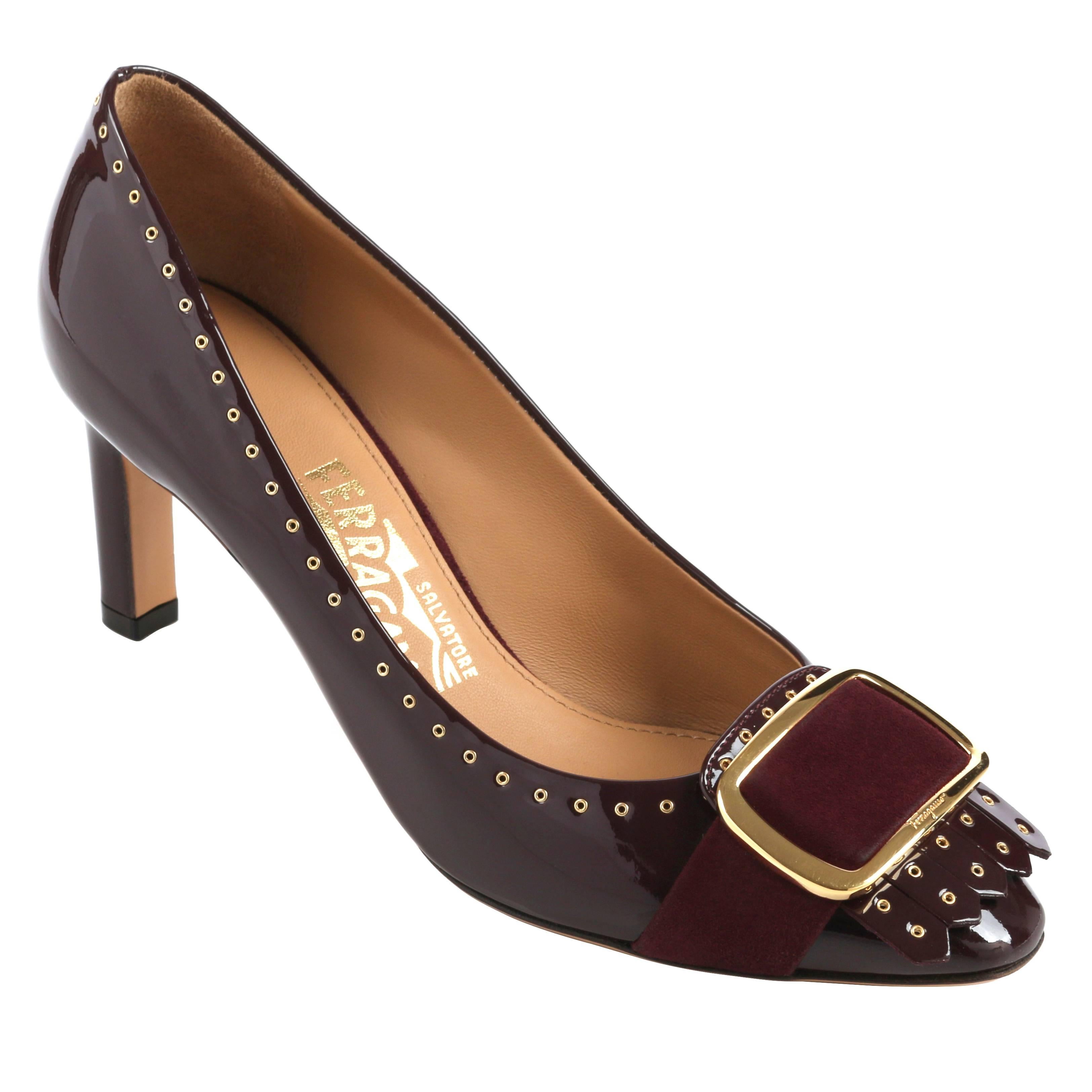 SALVATORE FERRAGAMO Burgundy Gold Buckle Fringe Patent Leather Pumps Heels Shoe