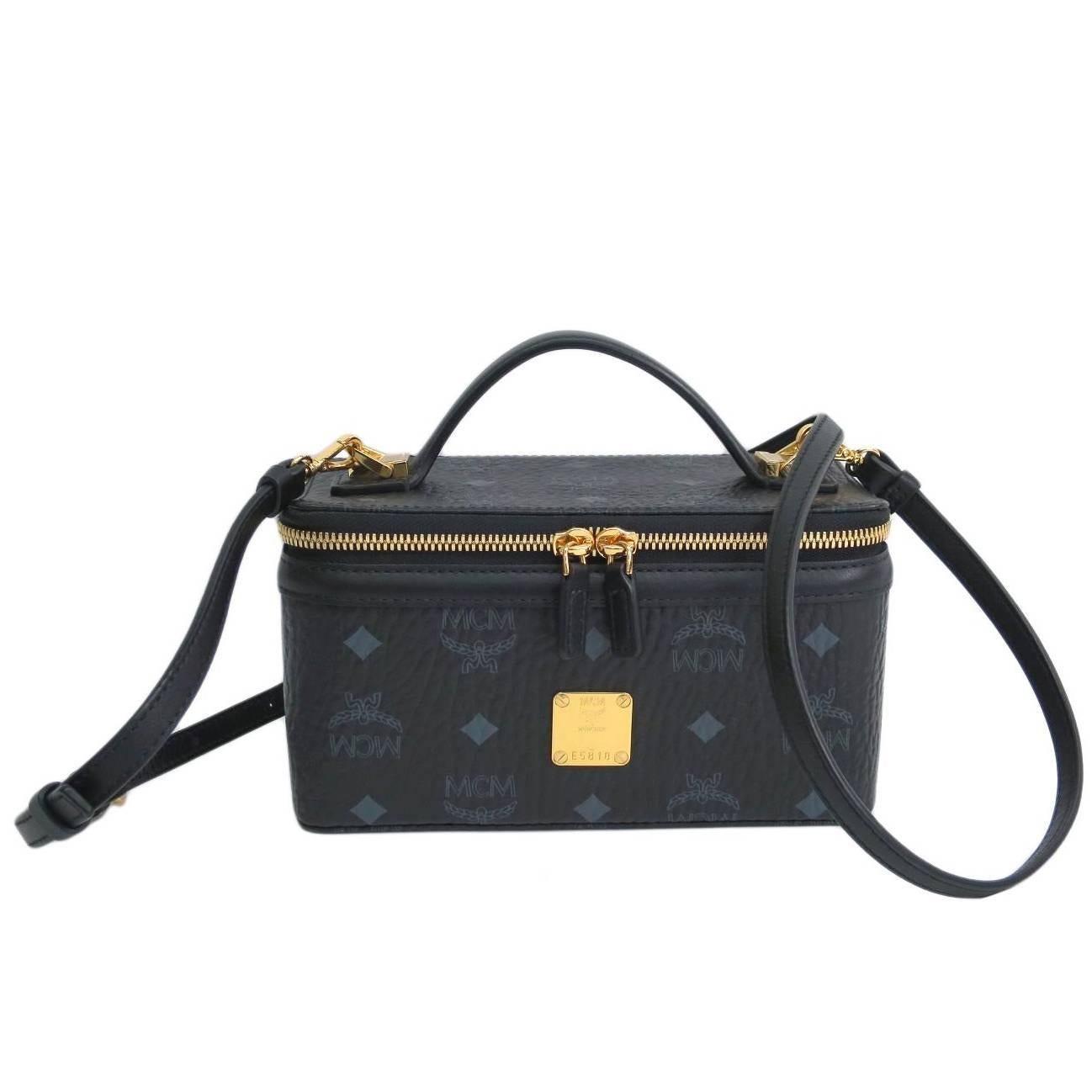 MCM Black Logo Monogram Gold Vanity Travel Top Handle Crossbody Shoulder Bag