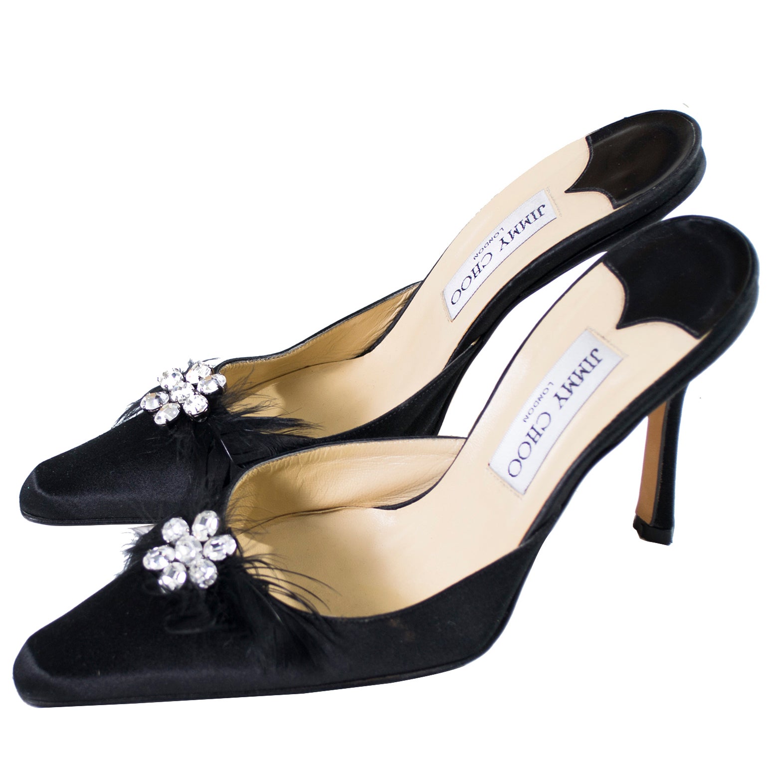 Jimmy Choo Black Satin Shoes Rhinestones Feathers Size 37 For at 1stDibs | black satin shoes with rhinestones, jimmy choo black shoes, shoes with feathers