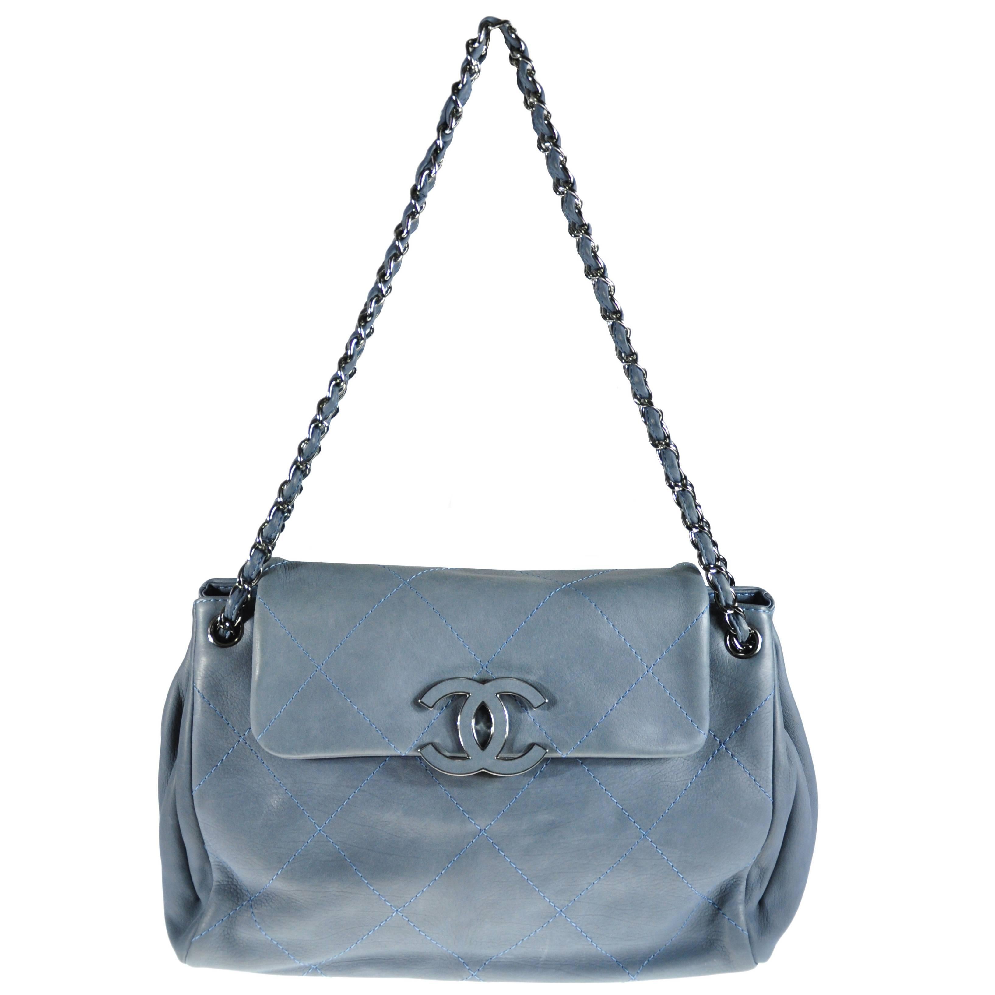 Chanel Large Blue Lilac Smooth & Soft Leather Flap Handbag For Sale