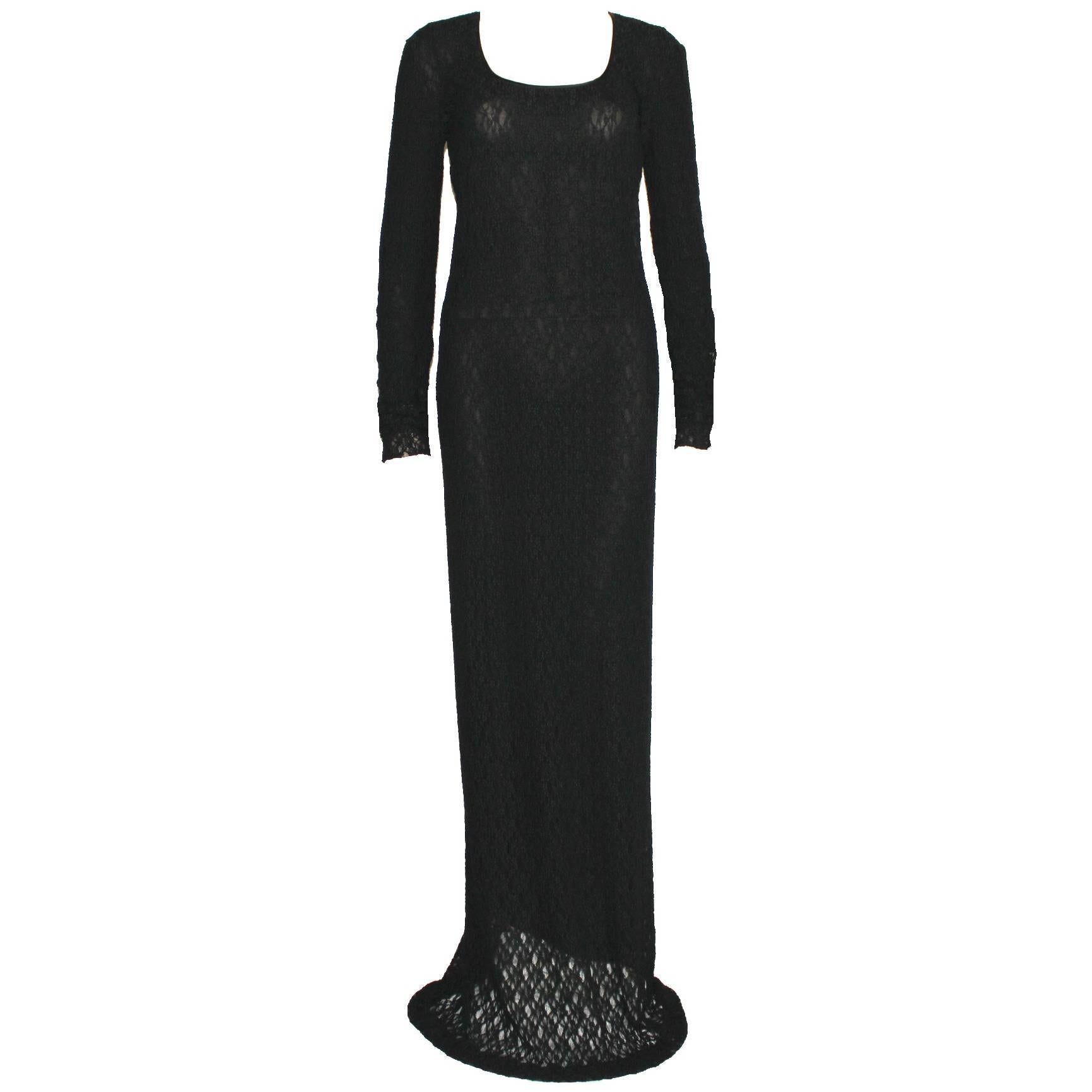 Vintage 1990s Dolce & Gabbana Black 3D Crochet Knit Evening Gown Dress