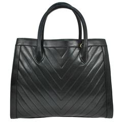Chanel Chevron Black Lambskin Leather Gold Large Top Handle Shoulder Tote Bag
