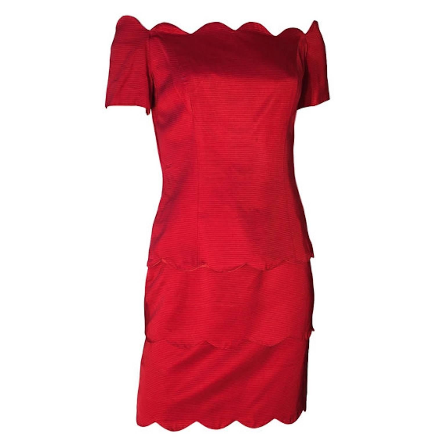 Bellville Sassoon Lorcan Mullany Red Scalloped Cocktail Off Shoulder Dress For Sale