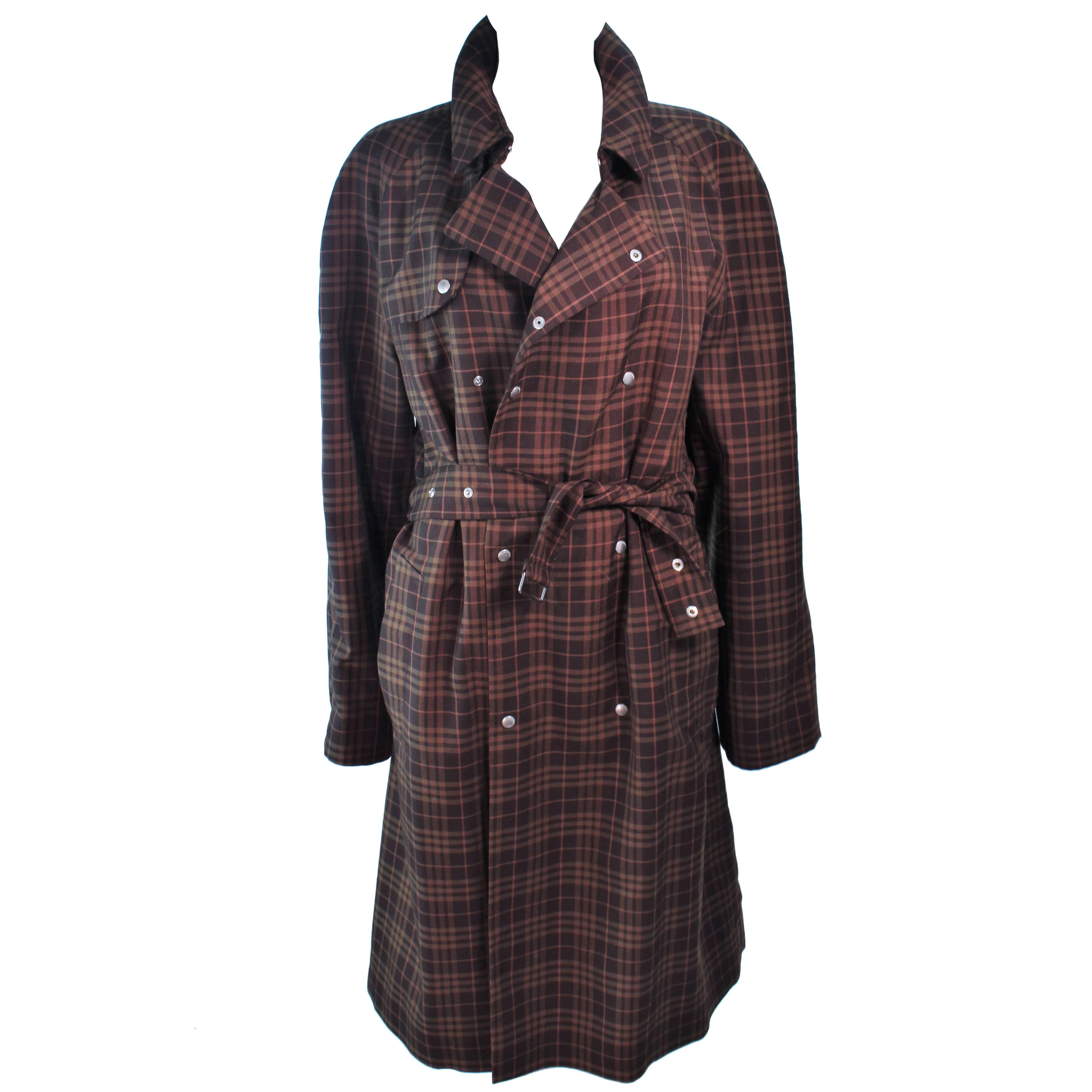 BURBERRY Chocolate Plaid Double Breast Trench Coat Size Large