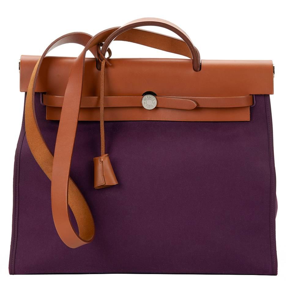 2011 Hermès Natural Leather & Cassis Canvas Herbag Zip