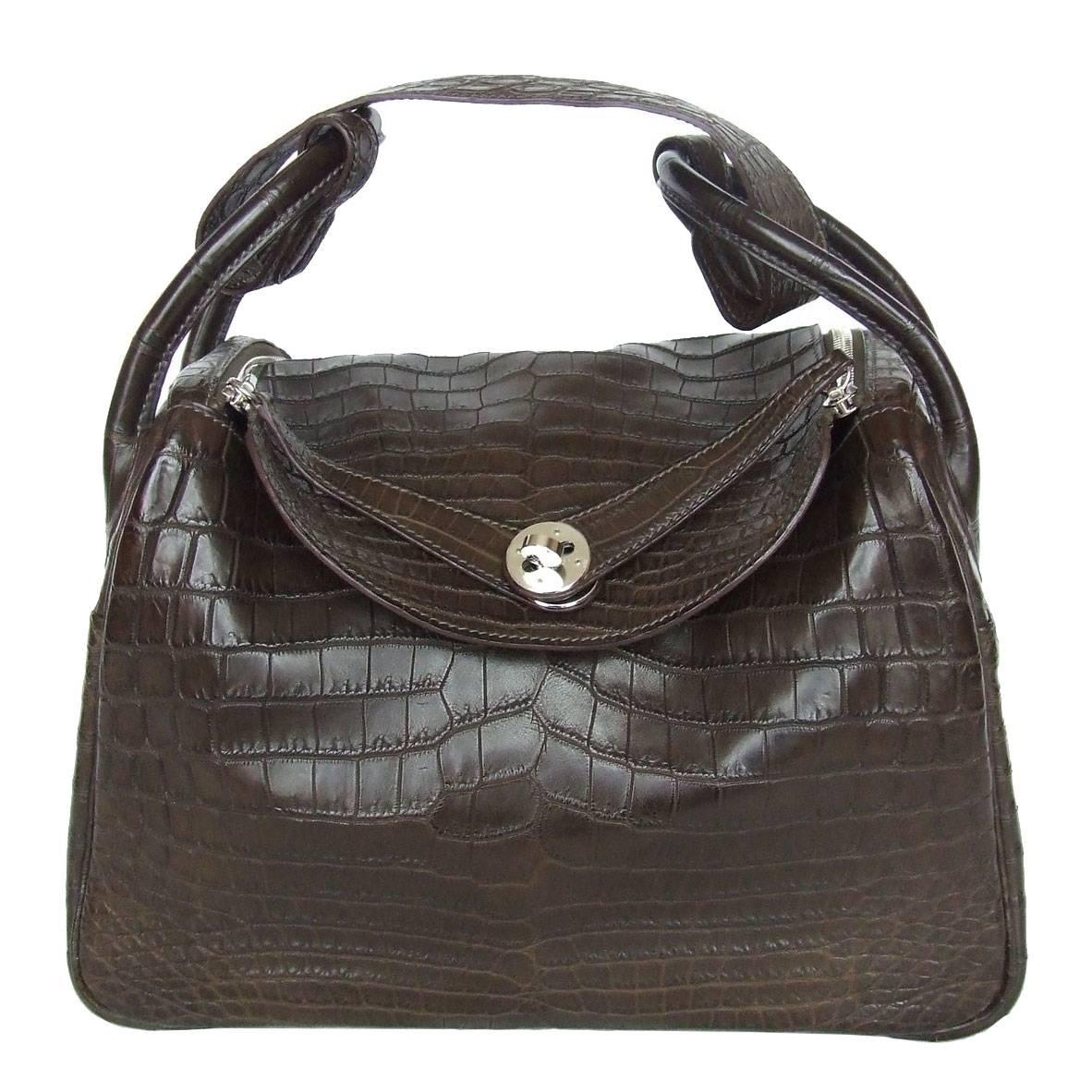 Exceptionnal Hermes Lindy Handbag Brown Matte Crocodile Niloticus PHW 30 cm