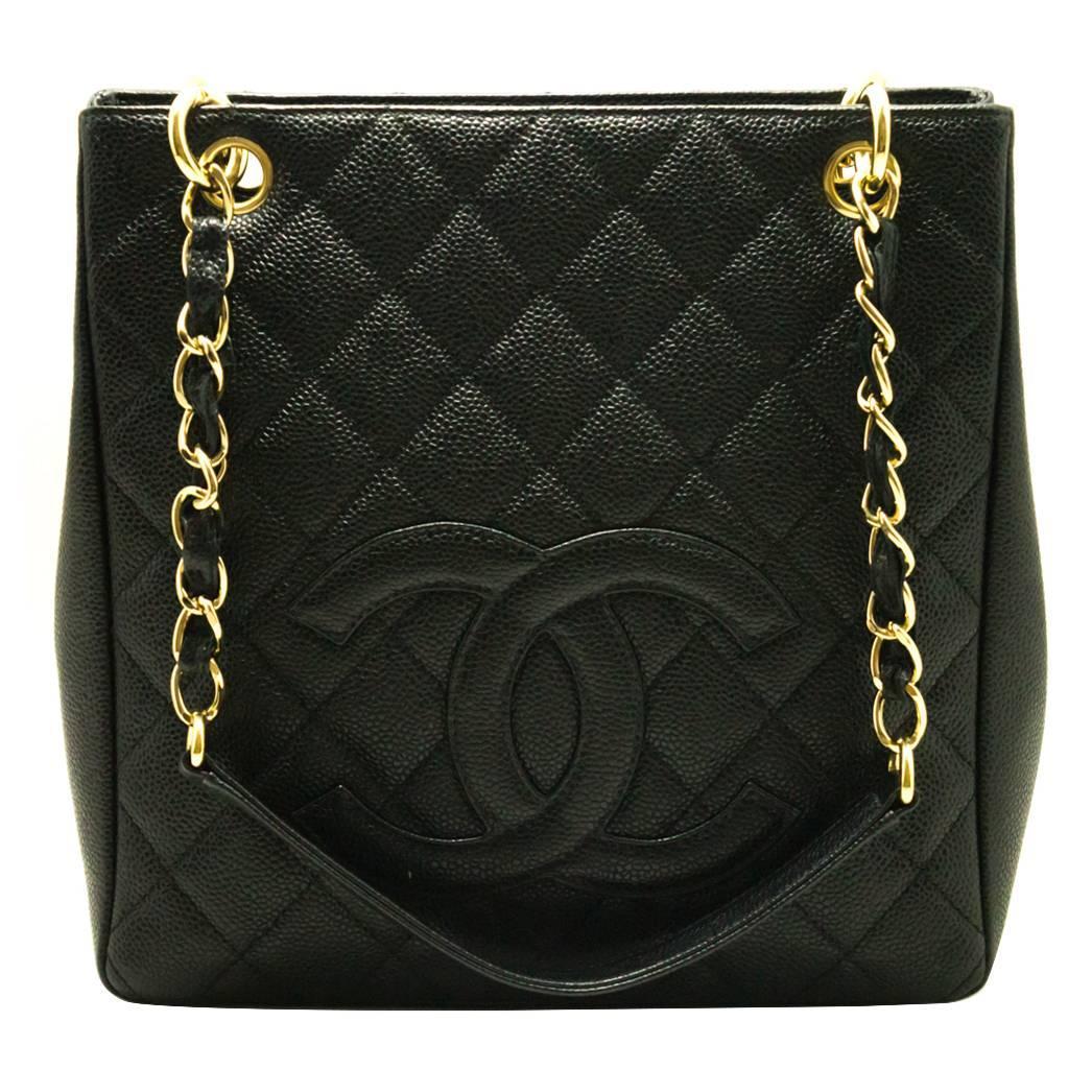 Authentic CHANEL Caviar Chain Shoulder Bag Shopping Tote Black Quilted 880 For Sale at 1stdibs