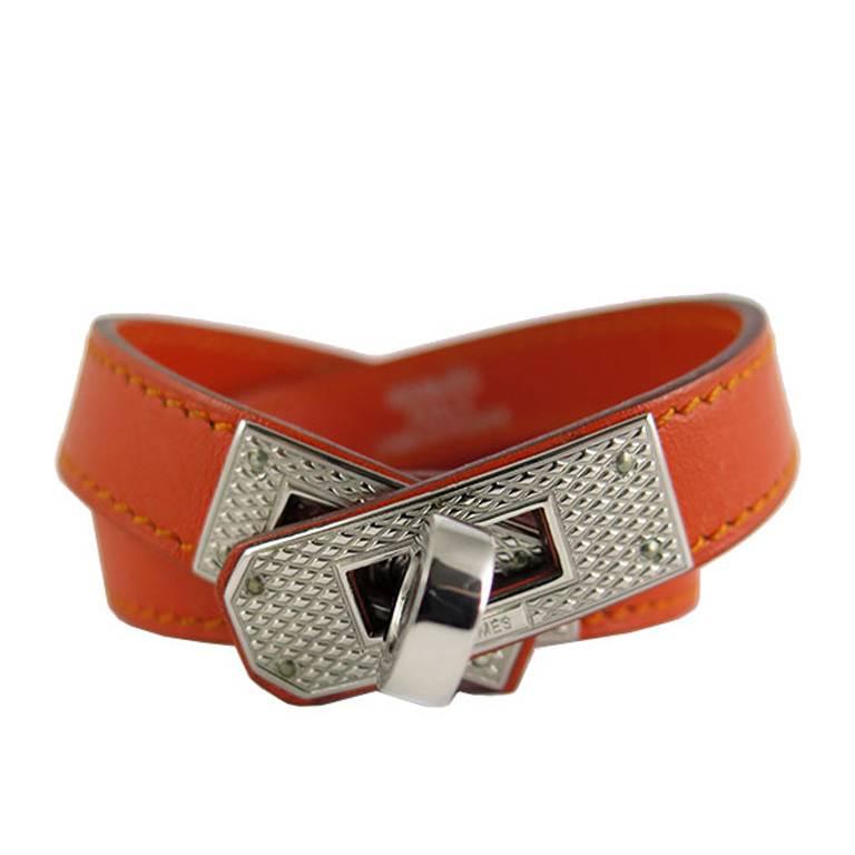 Hermes Orange Kelly Double Tour KDT Guilloche Bracelet Bangle - Rare For Sale