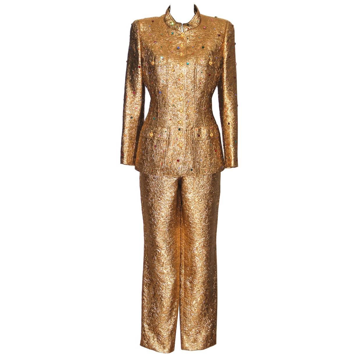 CHANEL Gold Brocade Colored Rhinestones Gripoix Buttons Fancy Pantsuit 