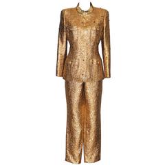 Chanel Gold Brocade Pantsuit - Colored Rhinestones - Gripoix Buttons - FR 42 11