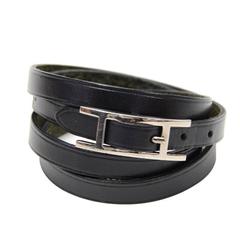 Vintage Hermes Api III Black Leather Silver Tone H Logo Long Wrap Bracelet