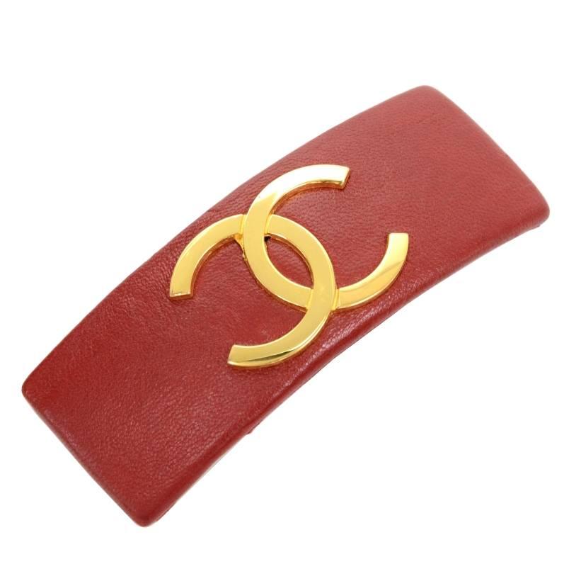 Chanel Red Leather x Gold Tone CC Logo Large Barrette Hair Clip