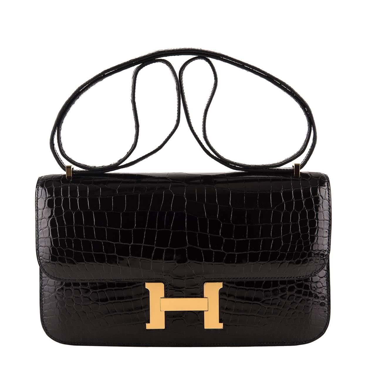 Hermes Black 25cm Porosus Crocodile Constance Elan Bag  For Sale