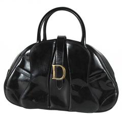 Christian Dior Bag - Black Patent Leather Tote Handbag Charm Logo Gold