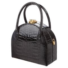 Fendi Vintage Black Alligator Kelly Style Gold Top Handle Satchel Evening Bag 