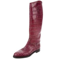 Gucci NEW & RARE Burgundy Red Skin Leather Logo Knee High Riding Boots in Box