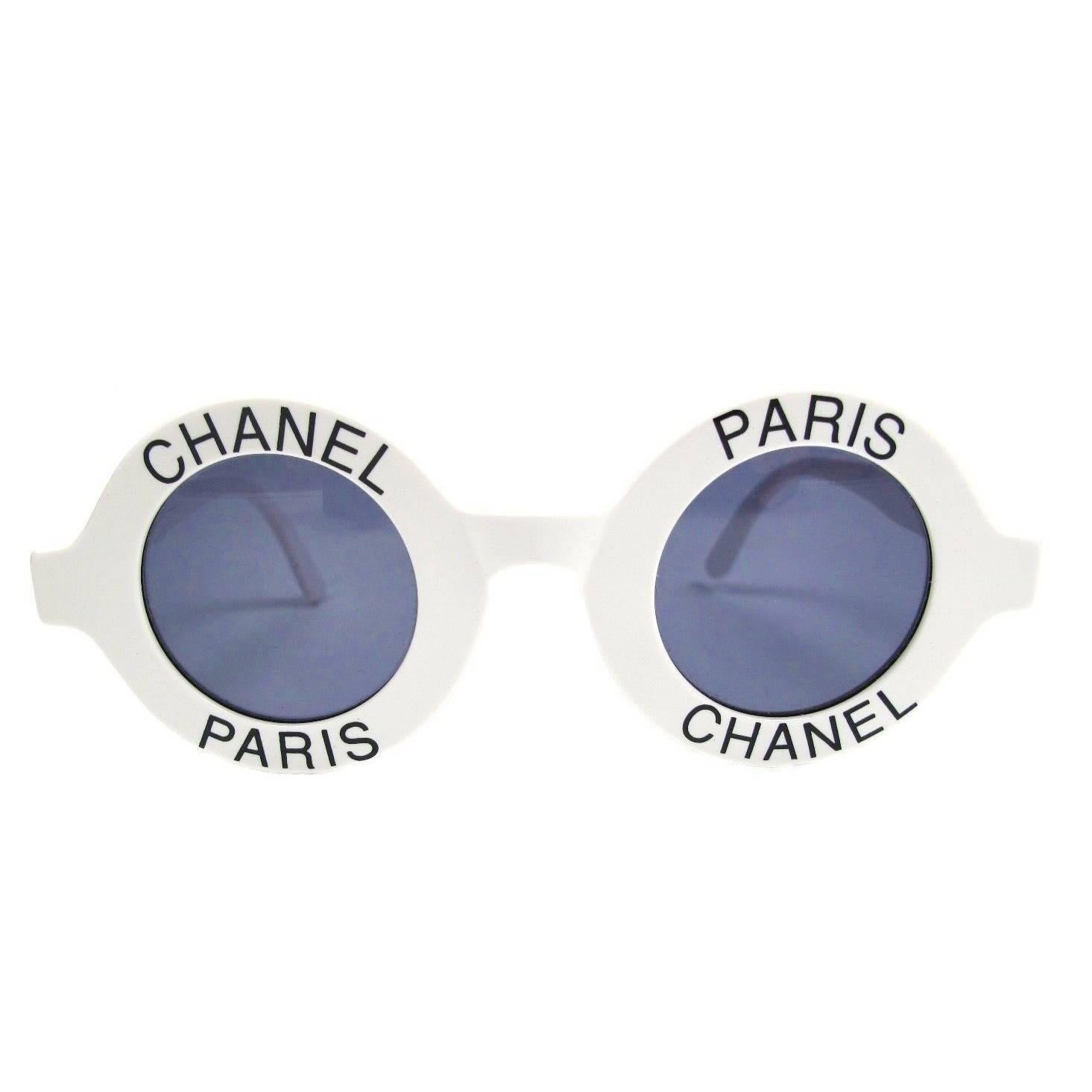 Chanel Most Wanted Sunglasses Round Paris Logo Vintage White Black CC Half Tint For Sale