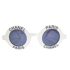 Chanel Most Wanted Sunglasses Round Paris Logo Used White Black CC Half Tint