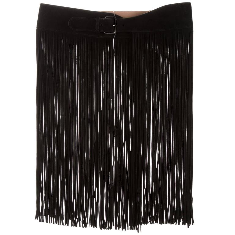 Alaia NEW Black Suede Leather Silver Buckle Fringe Skirt Accessory ...