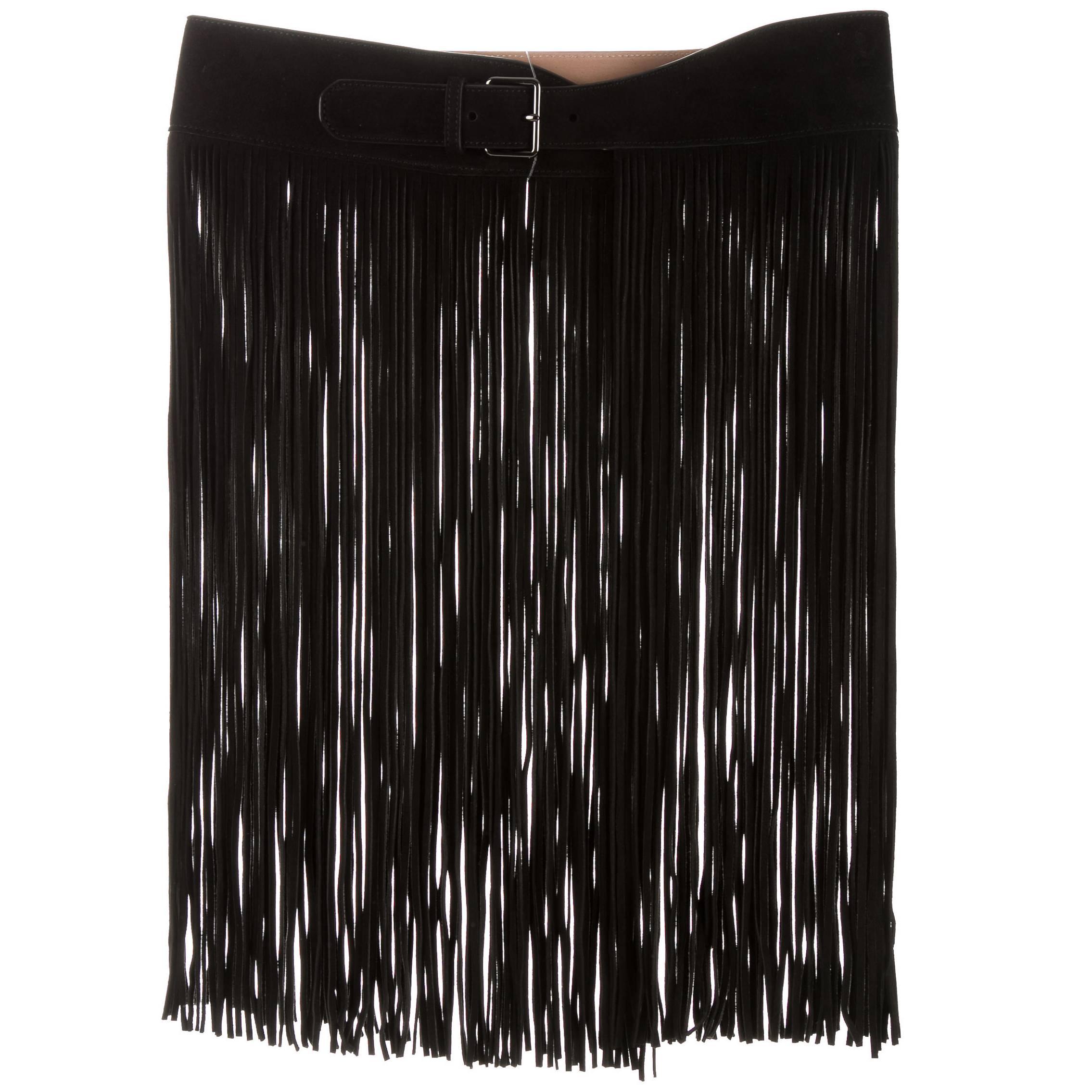 Alaia NEW Black Suede Leather Silver Buckle Fringe Skirt Accessory Waist Belt