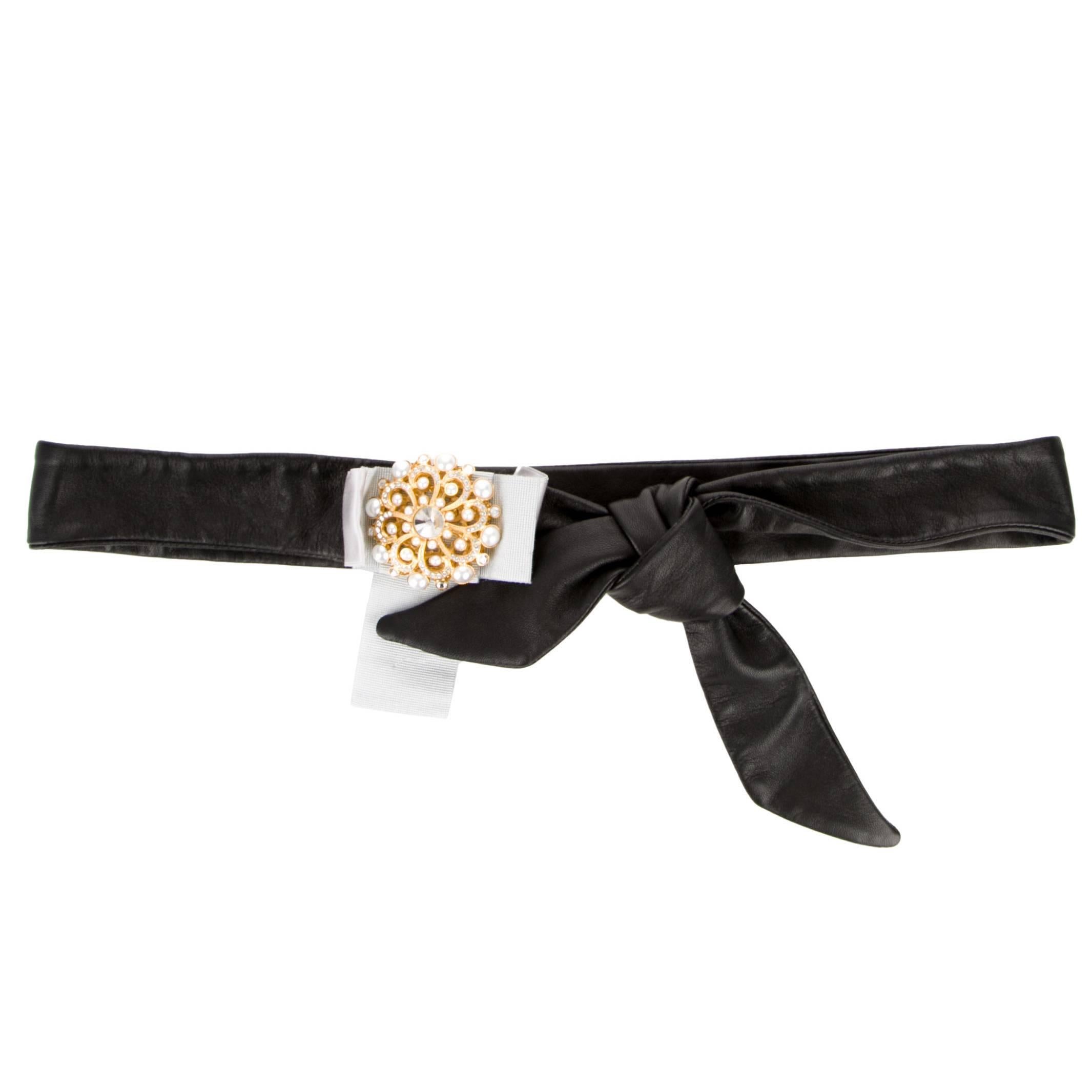 Dolce & Gabbana NEW Black Leather Gold Filigree Pearl Sash Tie Waist Belt in Box
