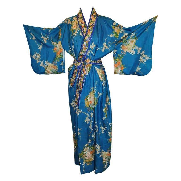 Cobalt Blue Floral Silk Japanese Kimono at 1stDibs | cobalt blue kimono