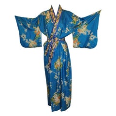 Cobalt Blue Floral Silk Japanese Kimono