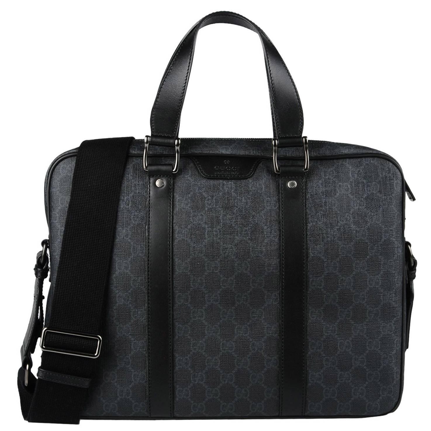 Gucci NEW Black Gray Monogram Men's Satchel Carryall Laptop Briefcase Travel Bag