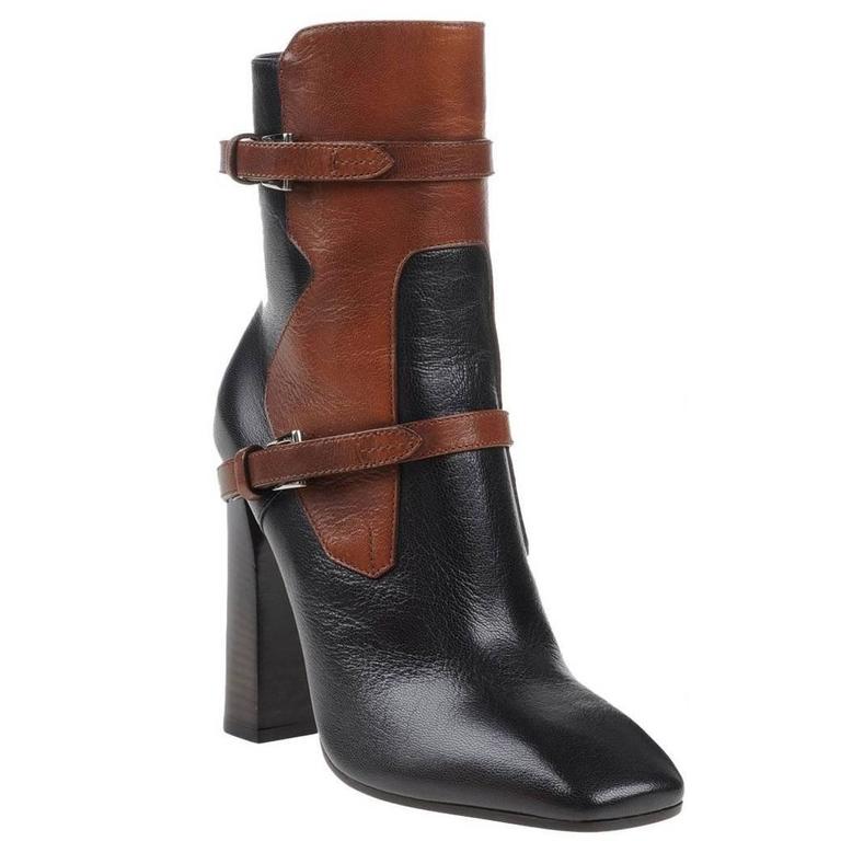 Prada NEW Black Brown Cognac Leather Colorblock Buckle Ankle Boots in Box  at 1stDibs