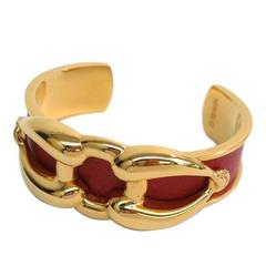Hermes Red Leather Gold Chain Link Bangle Bracelet Cuff In Box 