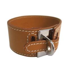 Hermes Cognac Tan Brown Leather Silver Hardware Wide Bracelet Cuff in Box