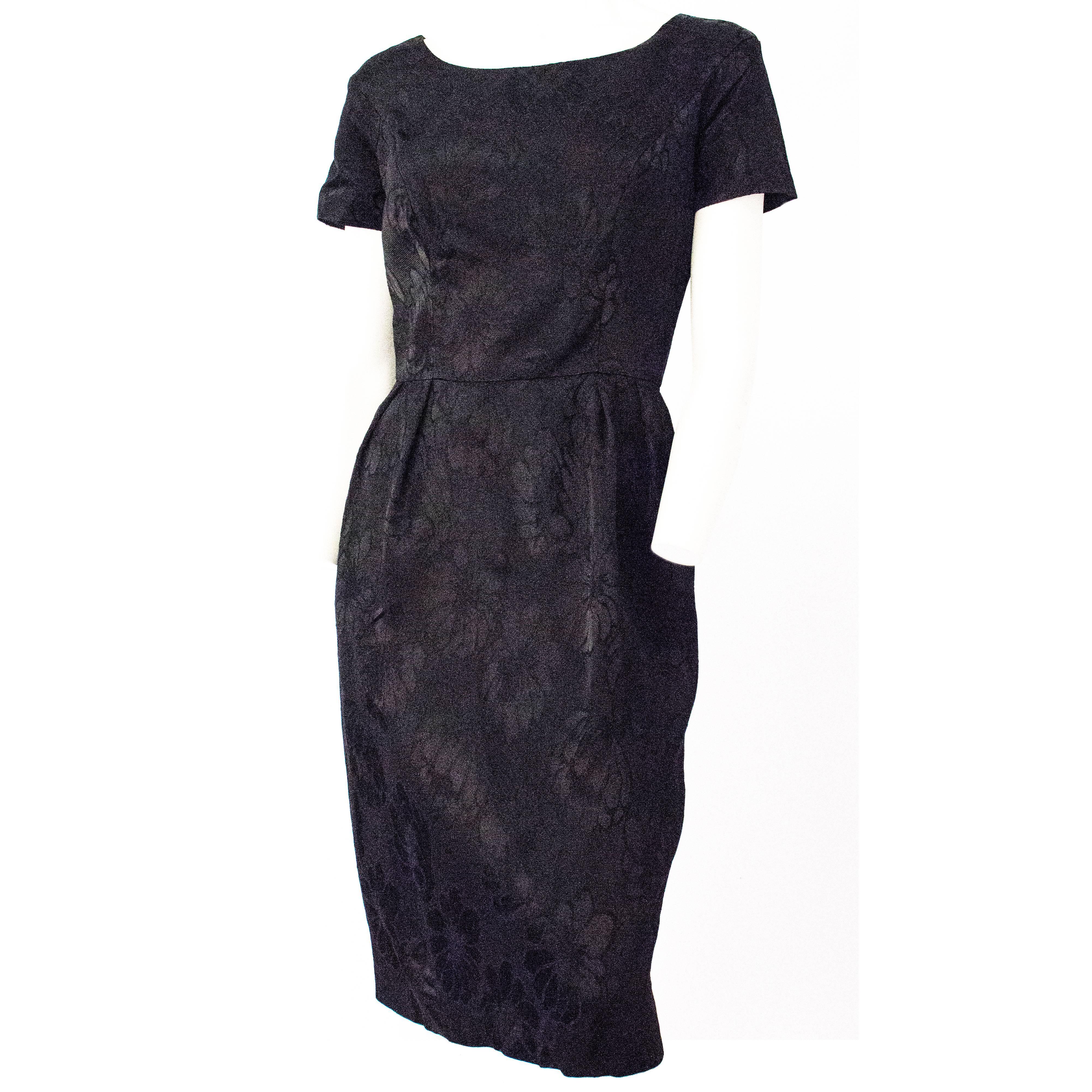 60s Black Silk Floral Jacquard Dress For Sale