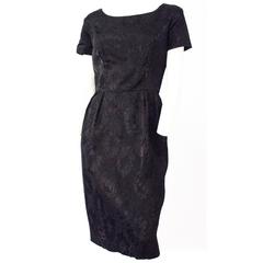 Vintage 60s Black Silk Floral Jacquard Dress