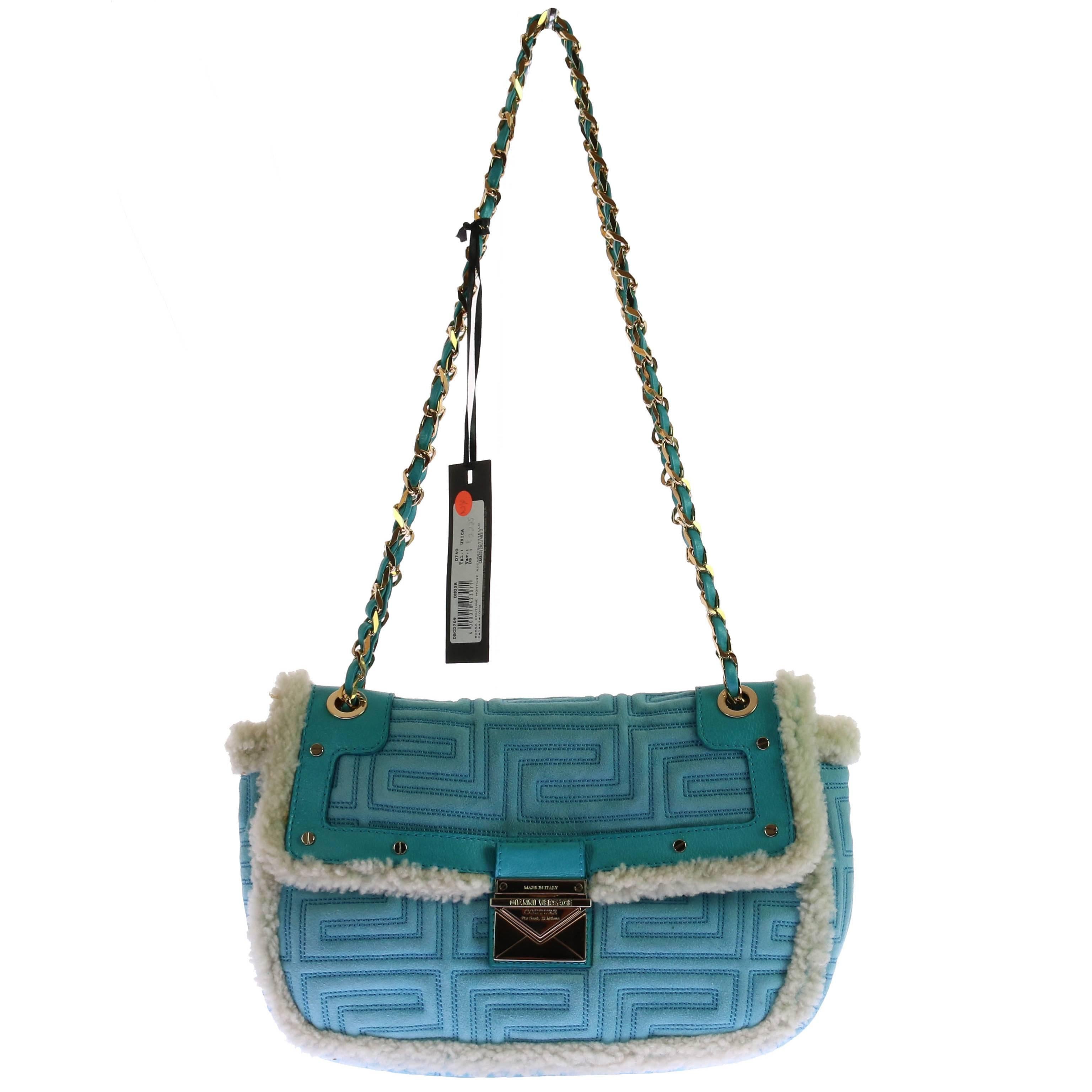 GIANNI VERSACE COUTURE blue quilted shearling leather shoulder bag