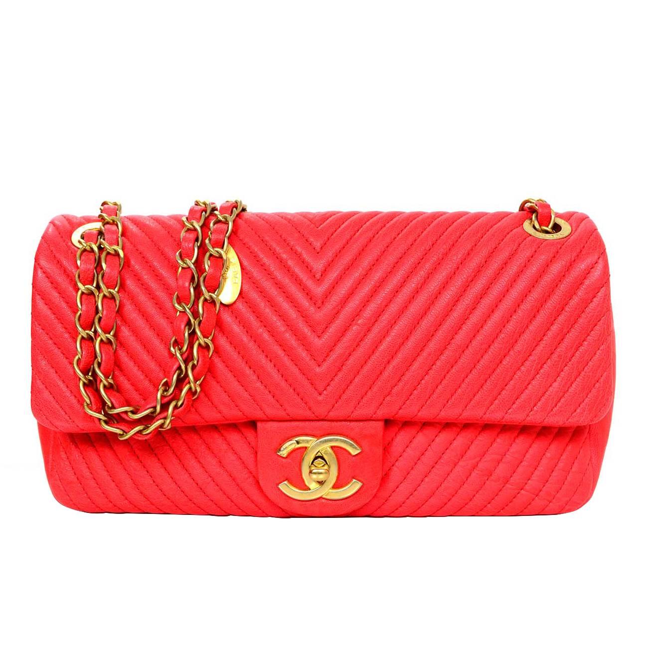Chanel Coral Wrinkled Chevron Leather Flap Bag