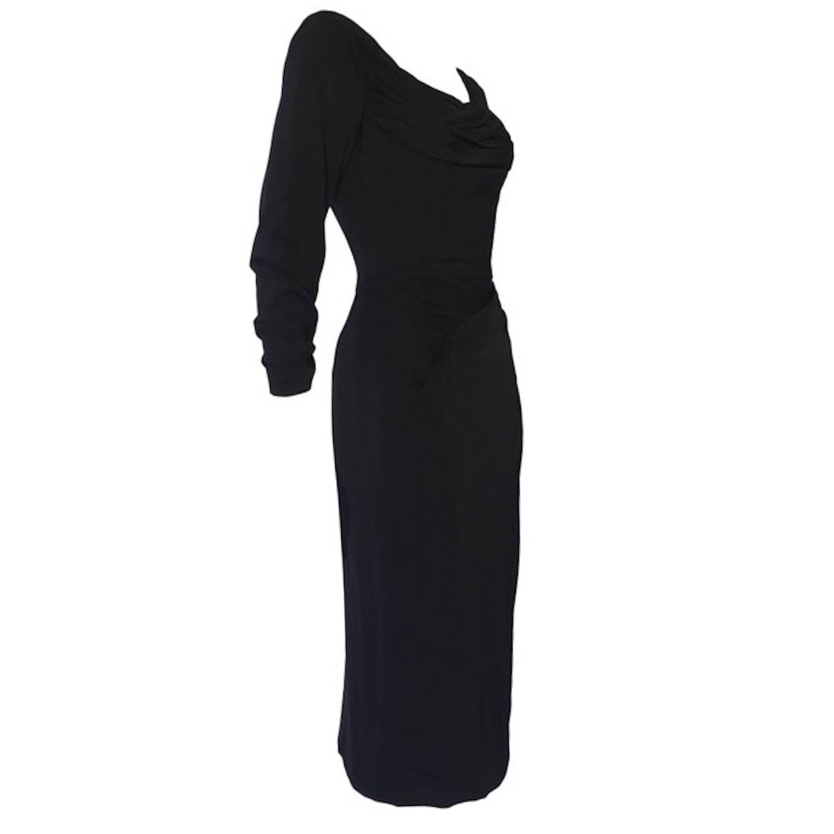 Vintage 1950s Ceil Chapman Black Gathered Fitted Dress 