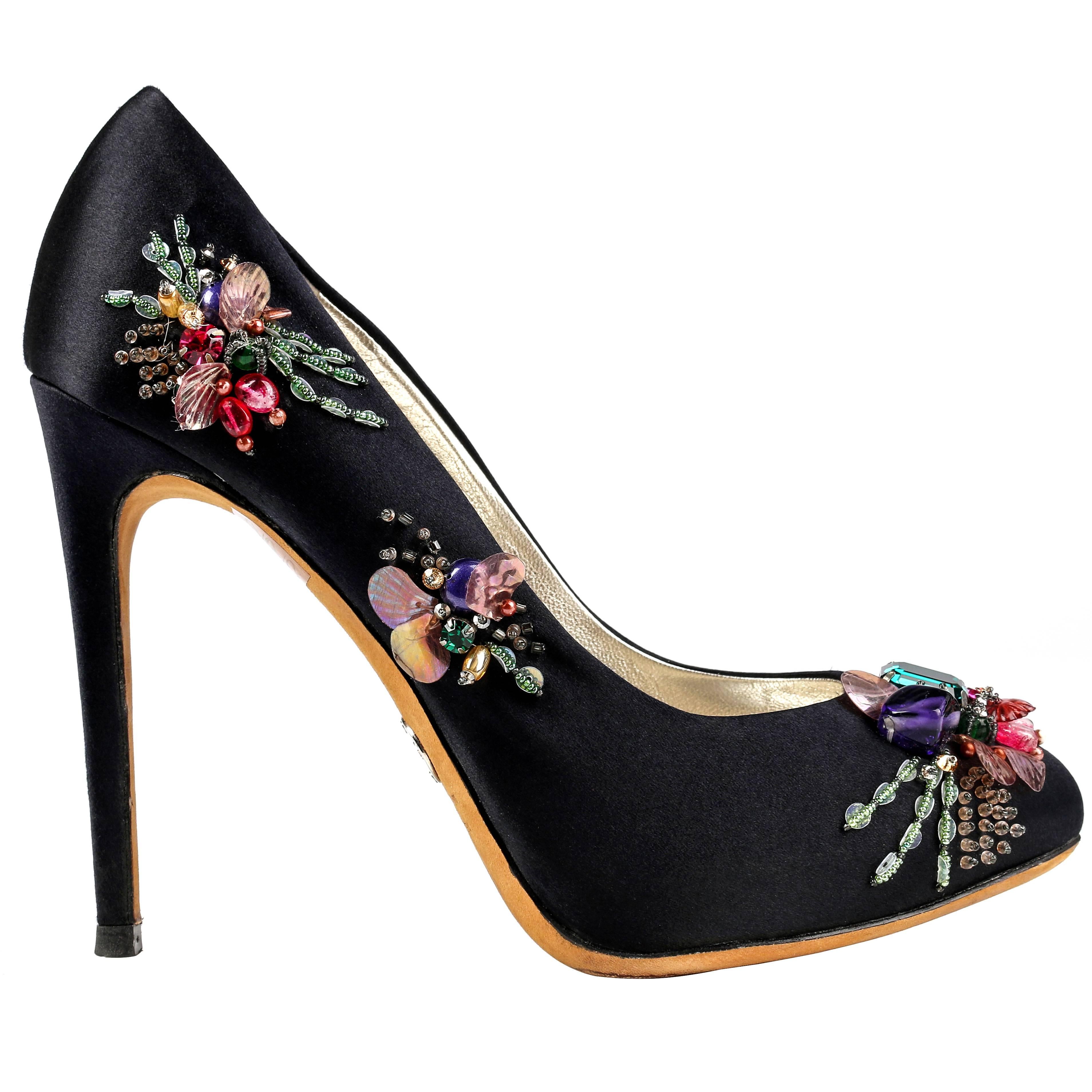 DOLCE & GABBANA Black Satin Beaded Embellished Platform Pumps Heels Shoes 37.5