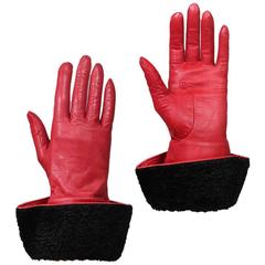 Yves Saint Laurent YSL Red Leather Gloves w/Sheared Mongolian Fur Trim