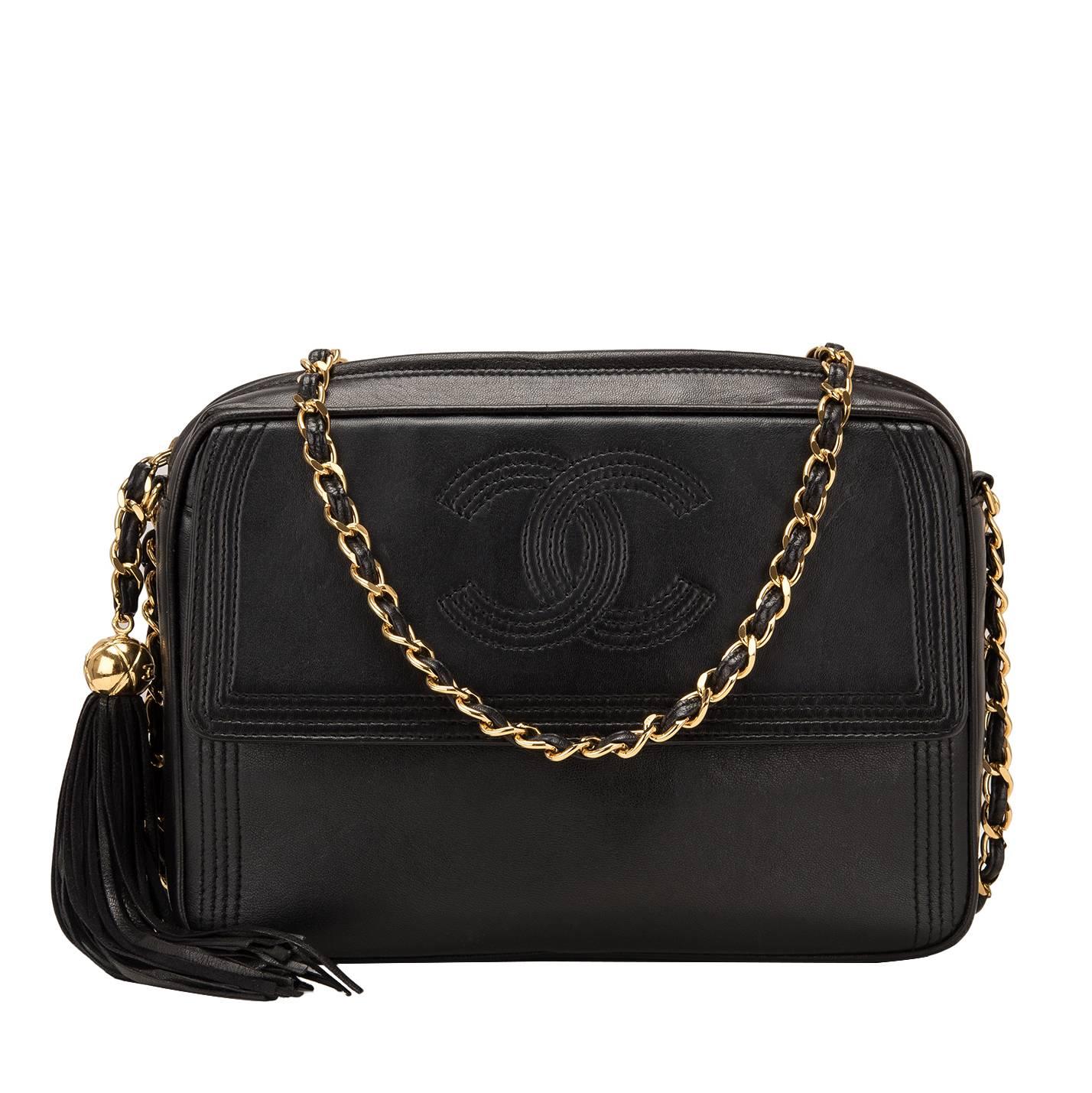 Chanel Vintage Black Lambskin Tasseled Camera Shoulder/Crossbody Bag Gold Hardwa