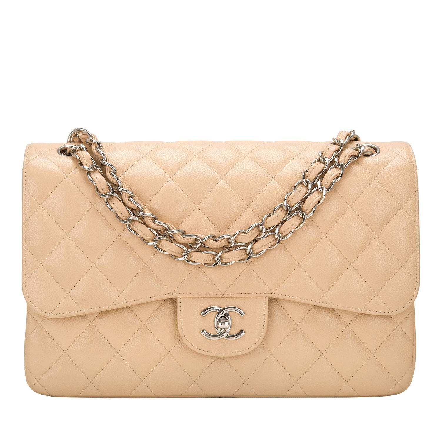 Chanel Beige Quilted Caviar Jumbo Classic Double Flap Bag