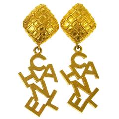 Chanel Vintage Gold 'CHANEL' Charm Large Dangle Drop Earrings
