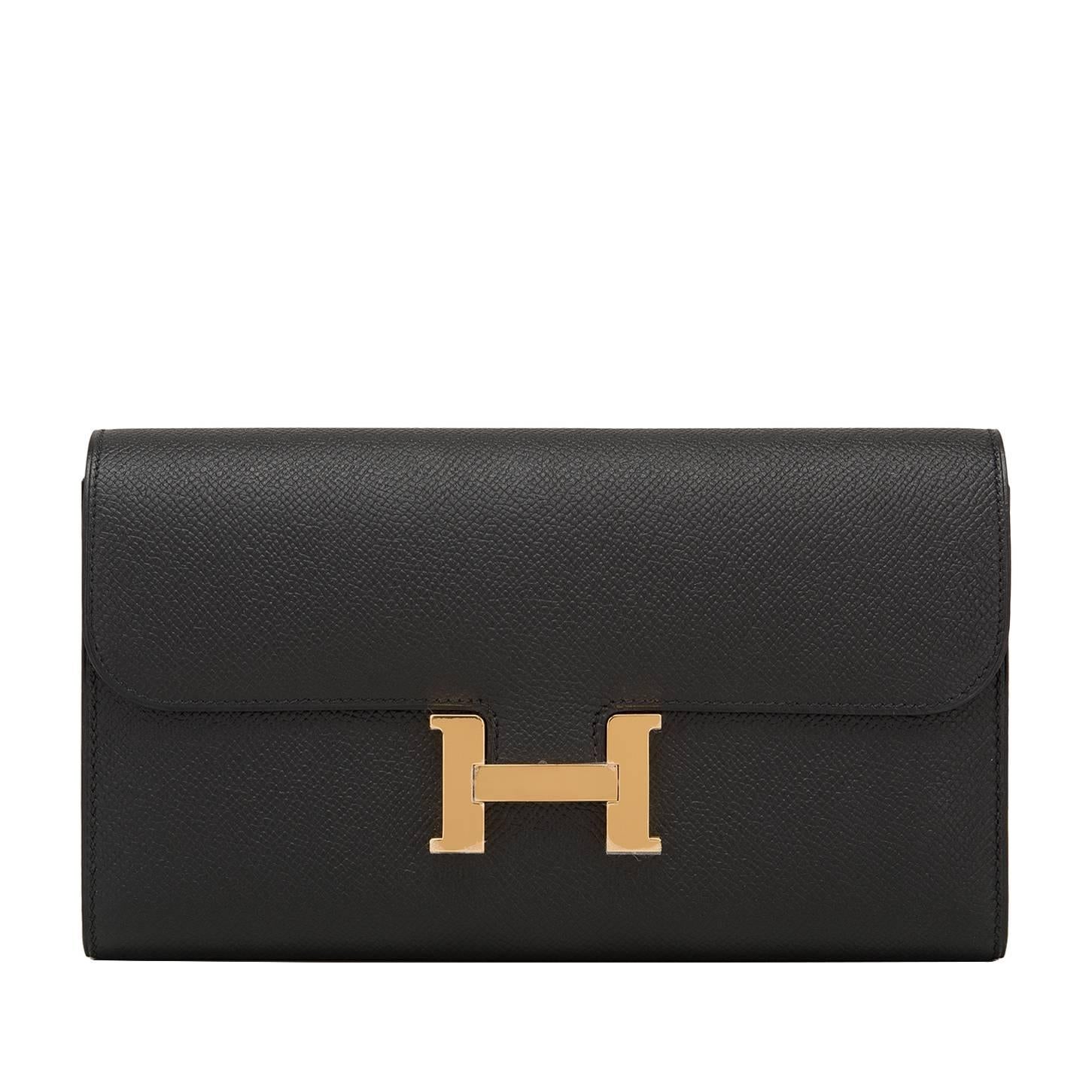 Hermes Black Epsom Constance Long Wallet Clutch Gold Hardware For Sale